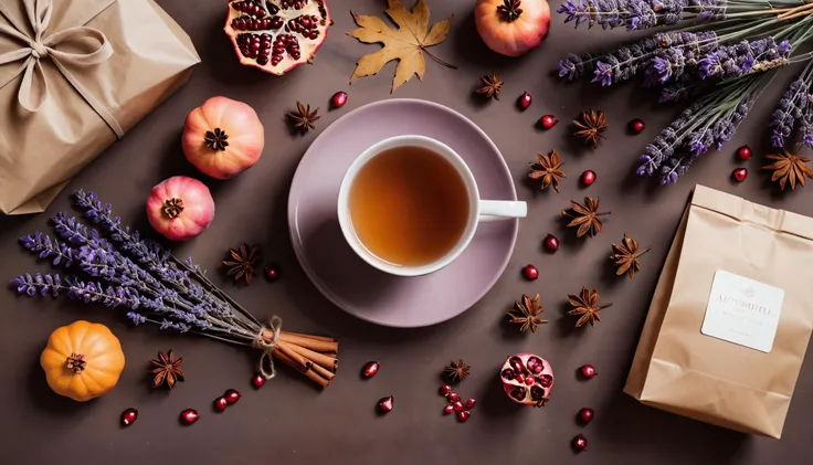 (masterpiece, best quality, highres, realistic), photo by Melissa Stemmer, Autumn Flat lay composition. Cup of tea, autumn dry leaves, roses flowers, lavender, gift bag cones decorative pomegranate cinnamon sticks on brown background top view. Autumn, fall concept. <lora:melissa-stemmer:1>