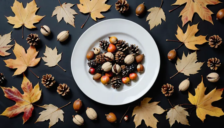 (masterpiece, best quality, highres, realistic), photo by Melissa Stemmer, empty white plate and autumn leaves, nuts, cones, acorns, berries on black background. Autumn harvest season. Halloween, mabon and thanksgiving day table setting. mock up. flat lay, <lora:melissa-stemmer:1>