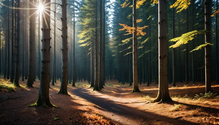 (masterpiece, best quality, highres, realistic), photo by Melissa Stemmer, Sunny spruce forest with beginning rejuvenation by beeches in autumn, Harz, near Mansfeld, Saxony-Anhalt, Germany, Europe, copy space, design template, <lora:melissa-stemmer:1>