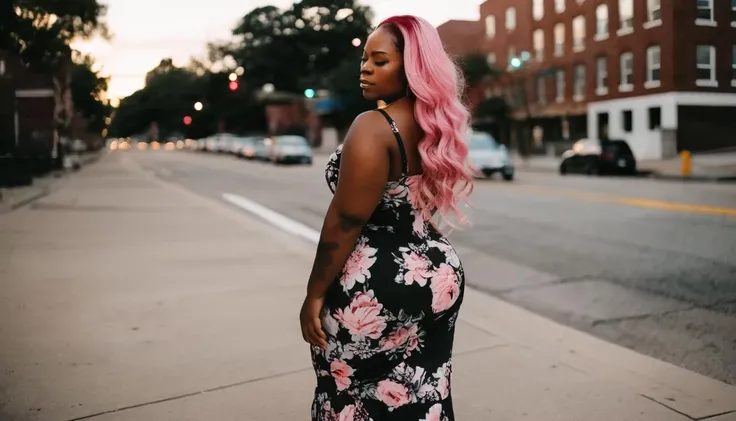 photo of a black woman by Melissa Stemmer, beautiful floral dress, long pink hair, standing on the street <lora:melissa-stemmer-1.0:1>
