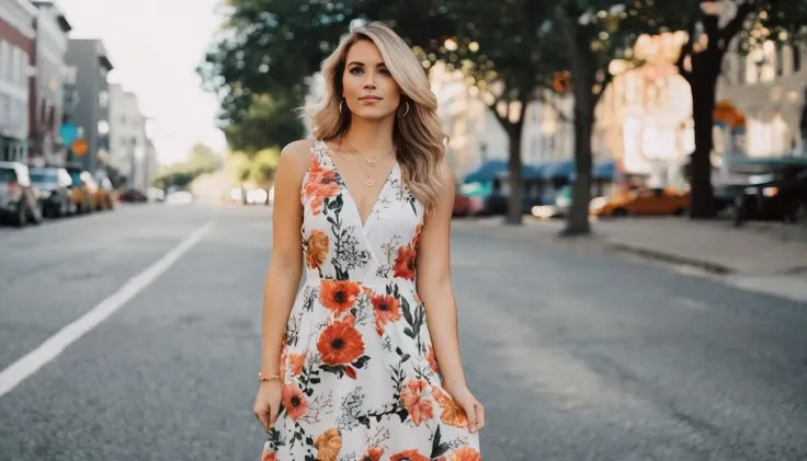 photo of a woman by Melissa Stemmer, beautiful floral dress, standing on the street <lora:melissa-stemmer-1.0:1>