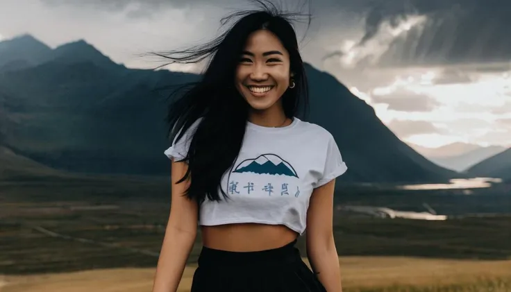 photo of an asian woman by Melissa Stemmer, long black hair, crop top shirt, short skirt, smile, mountains and storms in the background <lora:melissa-stemmer-1.0:1>