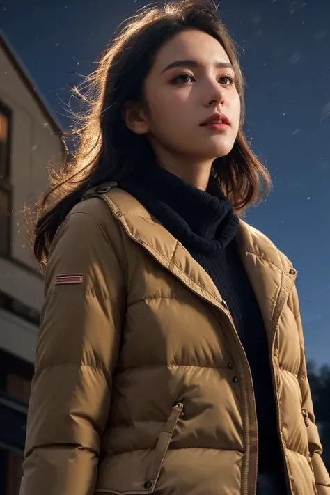 1girl, solo, (skinny body:1.2), upper body, closed mouth, (small breast:1), ((winter clothes, padded jacket)), asymmetrical hair, (photorealistic:1.4), masterpiece, 8k HDR, (realistic:0.2), cinematic lighting, colorful light, (angle from below:1.2), (detailed background:1.1), panorama, ((night)), slender,