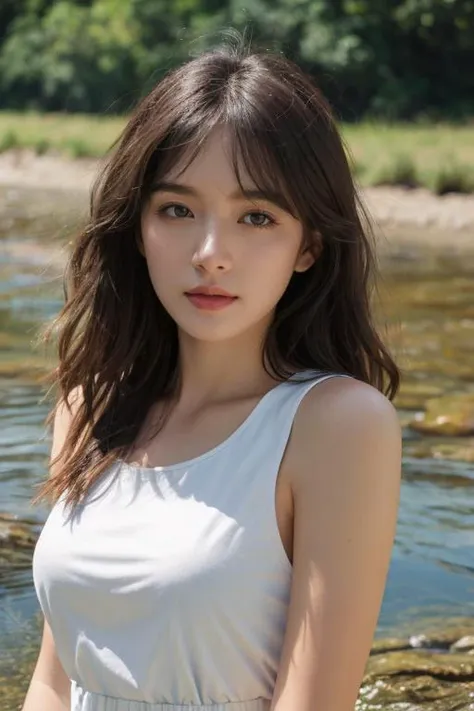 masterpiece, best quality, ultra-detailed, ultra high res, (photorealistic:1.4), raw photo, (realistic:0.2), CG, 8k HDR, cinematic lighting, 1girl, solo, looking at viewer, (simple drop waist dress, sleeveless), outdoor, (colorful), day, (half submerged in a river), meadow, upper body, lower body, asymmetrical hair, (detailed oily skin, medium breasts:0.8), (detailed face), (detailed background :1.1), closed mouth,