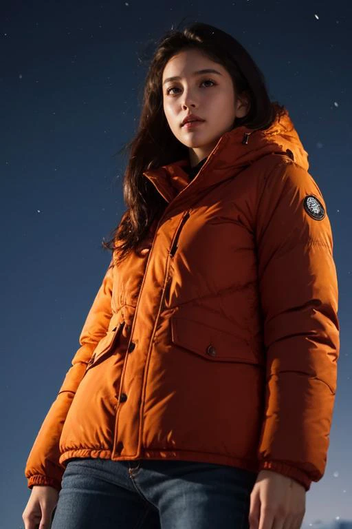 1girl, solo, (skinny body:1.2), upper body, closed mouth, (small breast:1), ((winter clothes, padded jacket)), asymmetrical hair, (photorealistic:1.4), masterpiece, 8k HDR, (realistic:0.2), cinematic lighting, colorful light, (angle from below:1.2), (detailed background:1.1), panorama, ((night)), slender,