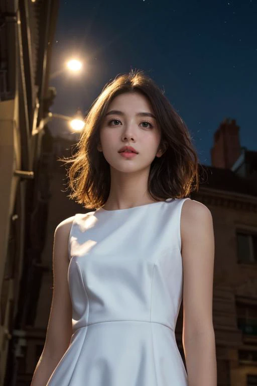 1girl, solo, (upper body:1.2), (slim body), standing, closed mouth, asymmetrical hair, (small breast:1) ((elegant sleeveless dress)), lips, (photorealistic:1.4), masterpiece, 8k HDR, (realistic:0.2), cinematic lighting, colorful light, (angle from below:1.2), city street, (detailed background:1.1), panorama, ((night)), slender,