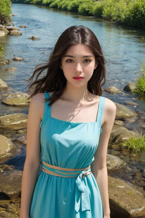 masterpiece, best quality, ultra-detailed, ultra high res, (photorealistic:1.4), raw photo, (realistic:0.2), CG, 8k HDR, cinematic lighting, 1girl, solo, looking at viewer, (simple drop waist dress, sleeveless), outdoor, (colorful), day, (half submerged in a river), meadow, upper body, lower body, asymmetrical hair, (detailed oily skin, medium breasts:0.8), (detailed face), (detailed background :1.1), closed mouth,