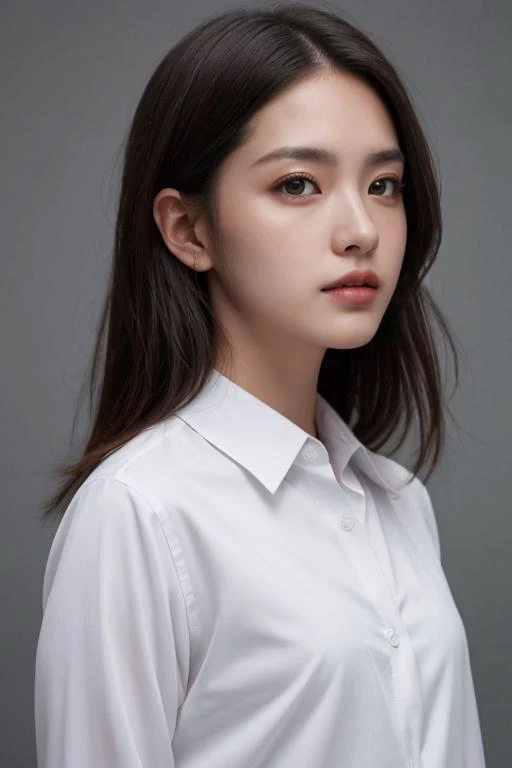 masterpiece, best quality, ultra-detailed, ultra high res, (photorealistic:1.4), raw photo, (realistic:0.2), 8k HDR, realistic lighting, 1girl, solo, looking at viewer, asymmetrical hair, (detailed oily skin), (detailed face), (simple gray background :1.1), (upper body:1.2), black suits, white collared shirts, long pants