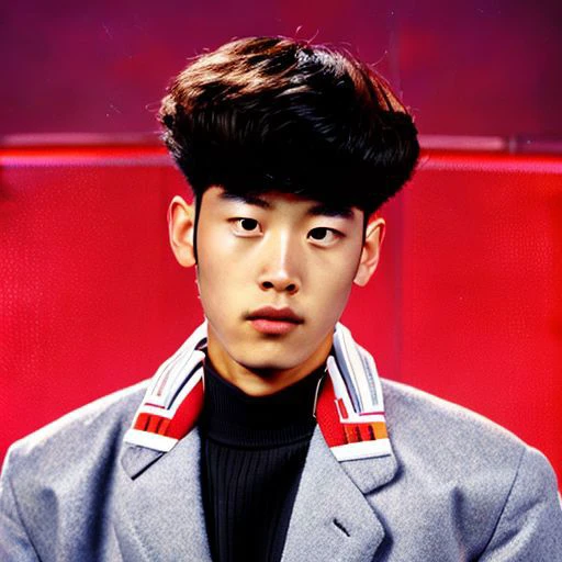 portrait+ style photograph of korean boy, school book photos, background, portrait, 90's twist, VHS-style glitches, vintage backgrounds, the essence of the 1990s, epiCRealism, red background, curly