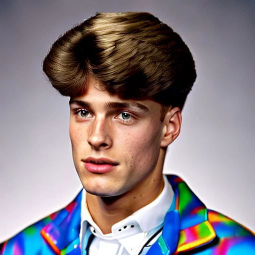 portrait+ style photograph of irish boy, school book photos, background, portrait, 90's twist, VHS-style glitches, vintage backgrounds, the essence of the 1990s, epiCRealism, yellow background, retro hairstyle
