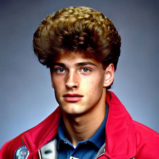 portrait+ style photograph of irish boy, school book photos, background, portrait, 90's twist, VHS-style glitches, vintage backgrounds, the essence of the 1990s, epiCRealism, red background, curly