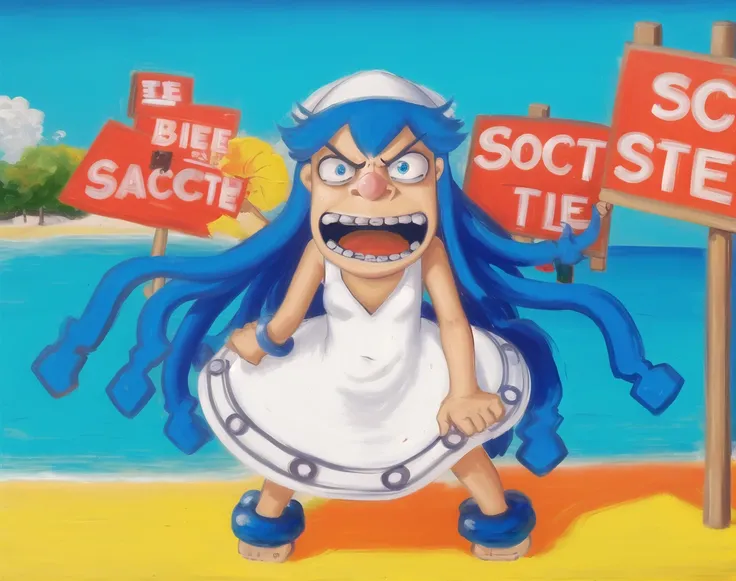 beautiful, masterpiece, best quality, 1girl, beach, blue eyes, blue hair, dress, ikamusume, long hair, tentacle hair, <lora:my_LoRA_ikamusume_v1:0.8>, activist, protest sign, demonstration, determined expression, social justice, angry, screaming, outdoors, crowded beach, lozhkin, big smile, accurate teeth with gaps <lora:lozhkin_V1:0.6>