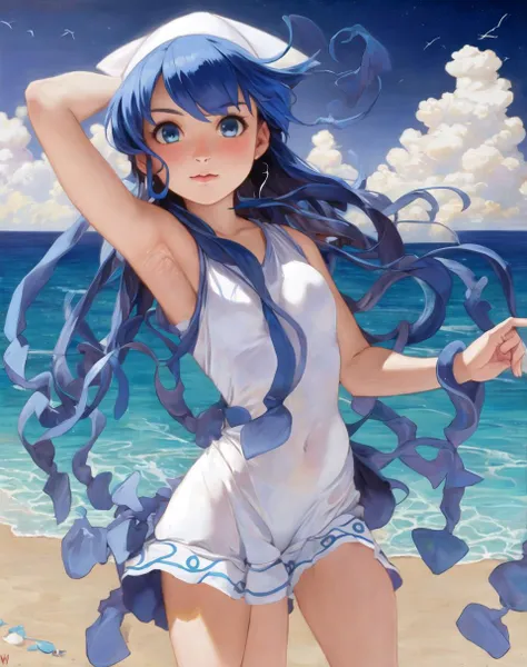 masterpiece, best quality, 1girl, beach, blue eyes, blue hair,  dress, ikamusume, long hair, tentacle hair,  , steam, steaming body, armpits,  <lora:my_LoRA_ikamusume_v1:0.8>  by Jeremy Lipking, by William Bouguereau, (by Alphonse Mucha:0.5), sabudenego, jeremy lipking, masterpiece,  <lora:my_LoRA_alkemanubis_v1:0.35>