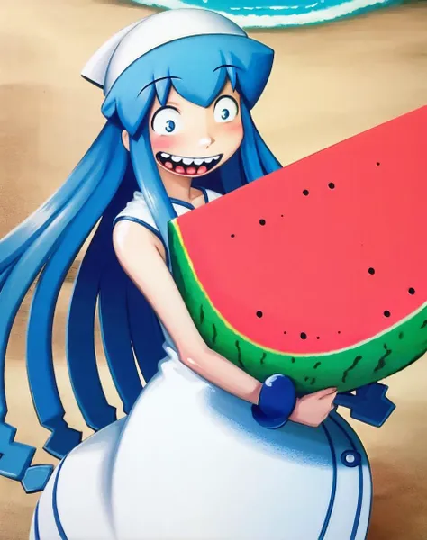 masterpiece, best quality, 1girl, beach, blue eyes, blue hair, dress, ikamusume, long hair, tentacle hair, holding watermelon <lora:my_LoRA_ikamusume_v1:0.8> lozhkin, big smile, accurate teeth with gaps <lora:lozhkin_V1:0.6>