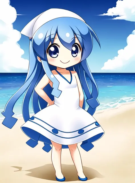 masterpiece, best quality, (chibi:1.3), 1girl, beach, blue eyes, blue hair,  dress, ikamusume, long hair, tentacle hair,   <lora:my_LoRA_ikamusume_v1:0.65>