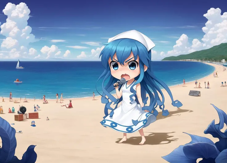 beautiful, masterpiece, best quality, (chibi:1.2), 1girl, beach, blue eyes, blue hair, dress, ikamusume, long hair, tentacle hair, <lora:my_LoRA_ikamusume_v1:0.65>, activist, protest sign, demonstration, determined expression, social justice, angry, screaming, outdoors, crowded beach, fisheye, by Jeremy Lipking, by William Bouguereau, (by Alphonse Mucha:0.5),