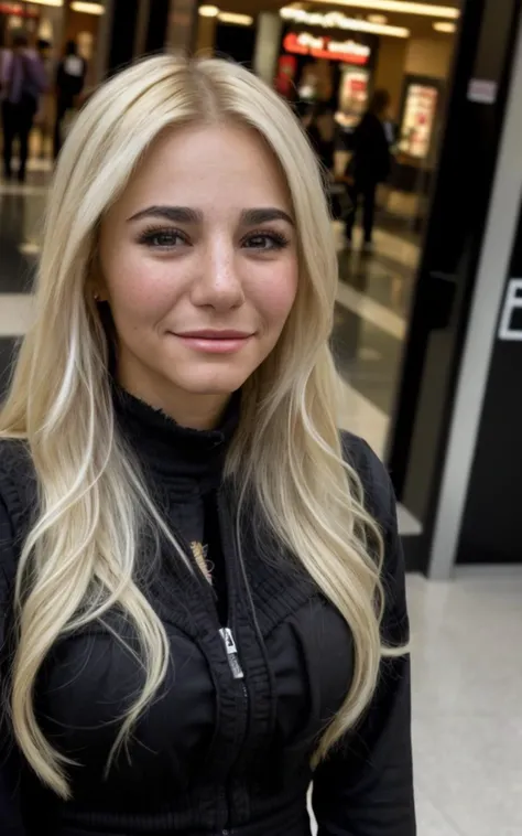 face closeup of mthgrd wearing a black outfit, a mall at morning, long blonde hair, <lyco:MtHgrd_v3_locon_64_64: 1.0>