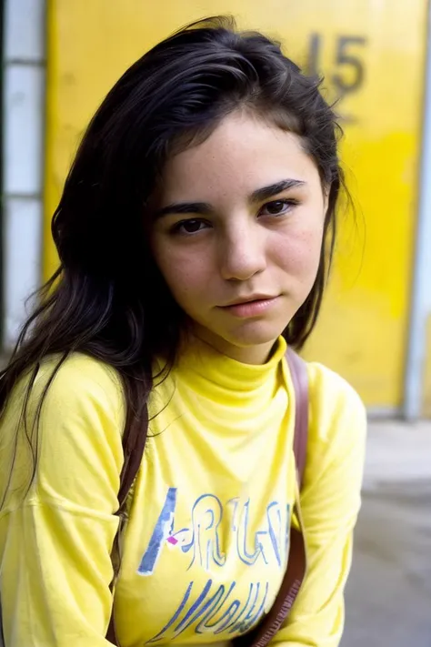 90's 10 year old girl , long hair , brown hair , looking at viewer, 90's clothes