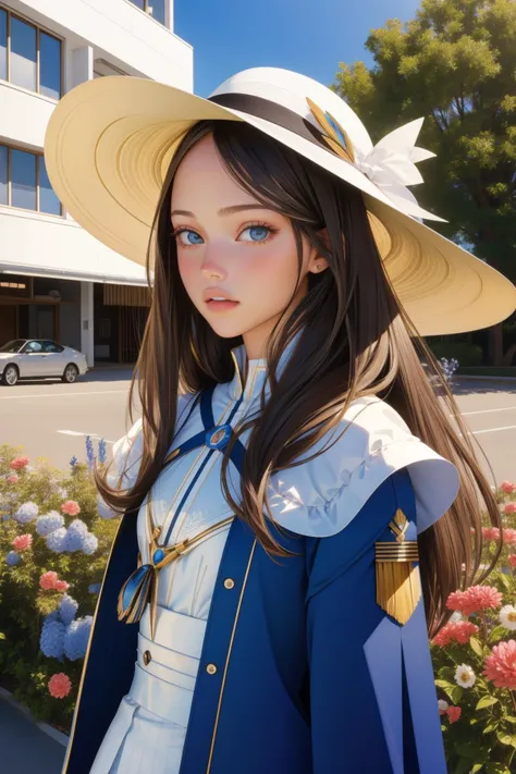 beautiful humanization of medicine, noble young smiling woman in a white medical coat, brown hair, huge light blue eyes full of kindness and happiness, blooming flowers, colors of shadows and light, color scheme, expressive careful detailed drawing, super detailed, delicate natural shades, shine, natural surroundings, beauty, good angle, double exposure, depth, sharpness, captivating haze