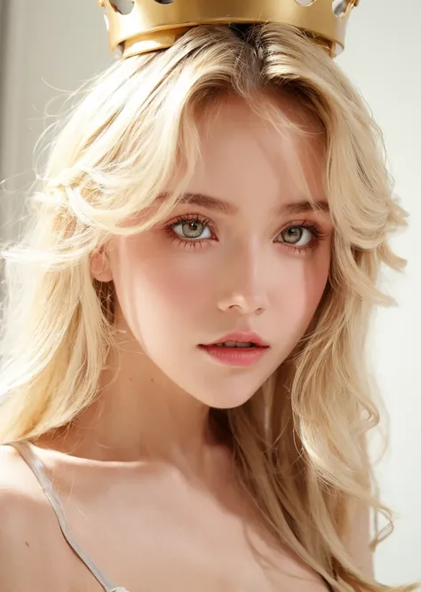 1girl, solo, upper body, looking at viewer, white background, light long hair, makeup, blonde hair, blonde, crown, diamond, poety, <lora:add_detail:0.6> , ((Gold Eyes)), <lora:LanaLane-01:1>