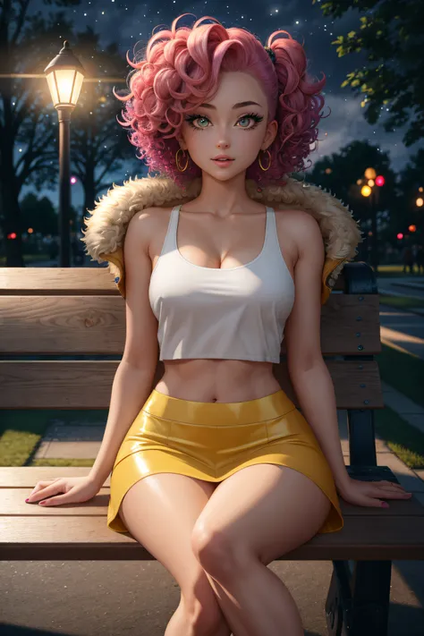 1girl, masterpiece, highly detailed, intricate details, detailed eyes, wide eyed, detailed pupils, detailed face, midriff, small breasts, (thick thighs:0.75), (big ass:0.75), rainbow hair, medium hair, curly hair, outside, in the park, (at night:1.2), yellow light lamp, bench, sitting on bench, fur coat, short skirt, leggings, tank-top