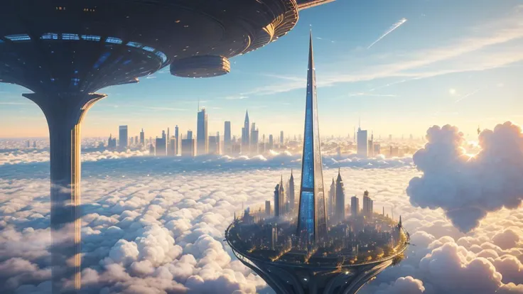 A massive, floating metropolis, suspended high above the clouds by a network of anti-gravity generators. The city is a marvel of engineering, with sleek, streamlined buildings and sprawling parks and gardens. The central spire is a glittering monument to the city's technological prowess, towering above the surrounding buildings and serving as the hub for the city's many transportation systems.