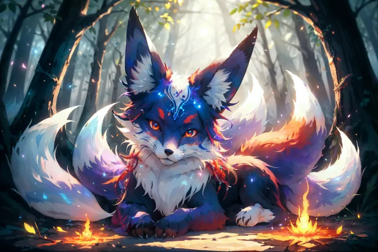 (masterpiece:1.2),best quality,extremely detailed,absurdres,highres,ultra detailed,((1fox:1.5)),(white kitsune:1.3),((nine-tailed_fox:1.6)),many tails,(mystical creature,majestic,divine,magical,intricate,elegant:1.1),glowing eyes,night,forest,fantasy,fluffy,animal:1.4,deep magical forest at night,fireflies,mystical,asian style,wilderness,old trees,shrine,mountsins,low angle,runes,glow,mysterious lights, (animal_focus:1.4),DruidMagicAI,forest,dark,<lora:DruidMagicAI:0.2> japanese style, vibrant, blue fire, flame-tipped tail, spirits, hitodama, kitsune, magic, <lora:nijipride:0.4> Niji Pride, <lora:LowRA:0.2> <lora:GlowingRunesAIv4:0.2> GlowingRunes_paleblue,GlowingRunes_purple,paws,claws,feathers,
