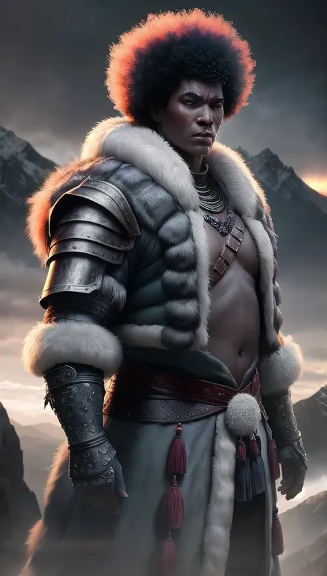 an awarded profesional full length photo of (Dark Gray Skin Fantasy Giant - Fighter) with magnificent ((black) bushy afro) haircut, wearing vikings armor made of hide and leather and iron plates, ultradetailed,intricated face,(face details:1.1),perfect eyes, by jeremy mann, by sandra chevrier, by maciej kuciara,(masterpiece:1.2),(ultradetailed:1.1), ultrasharp, depth of field, anatomically correct hand, (profesional lights:1.3), (profesional photography:1.3), african face, ((gray skin)), smokey sillouhet is standing behind, fur chestplate, standing in mountains, (little fat:0.8), (fur jacket under armor:1.1)