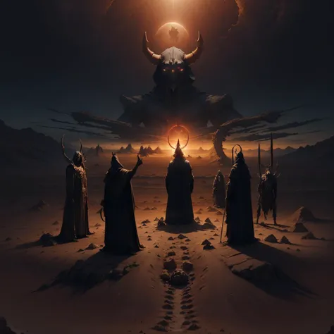 arafed image of a giant horned creature standing in a corner of the picture, in a desert, metal album cover art, dynamic pose, ghost of kiev, t-pose of male magic wizard, the father of sorrow and revenge, ominous depths, fungal god, the reach, album art cover, the orb of eternity, dark ruins <lora:Occult_Geometry:0.7>