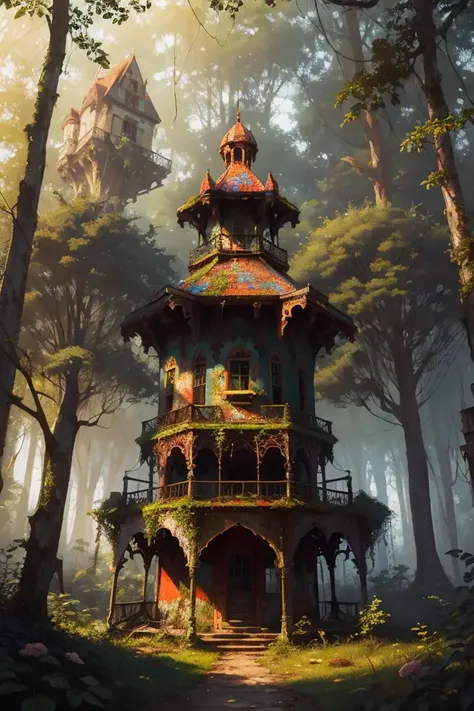 old painting style, abandoned overgrown castle mansion in a forest, oversaturated, princess tower, gazebo, balcony, colorful, highly detailed, high resolution, ray tracing reflections, dramatic lighting, 8k vibrant colors, detailed acrylic, intricate complexity, soft natural volumetric cinematic perfect light, oil painting