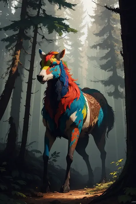 Forest wanderer, painterly style, flat colours, illustration, bright and colourful, high contrast, Mythology, cinematic, detailed, atmospheric, 8k, corona render.