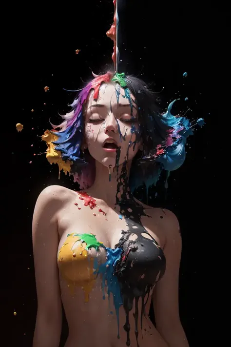 (level difference:1.8),(Paint colliding and splashing on the canvas),(depth of field),1girl's side face blends into it,((side face)),open mouth,(liquid paint rainbow hair:1.1) made of paint and defies gravity,thick flowing,(paint splatter:1.3),Liquid state,stunningly beautiful, masterpiece, detailed background,ultra high quality model, ethereal background,abstract beauty, explosive volumetric, oil painting,heavy strokes,Romantic lighting,Sub-Surface Scatterring,lens 135mm,f1.8,glow,8k,high resolution, dreamy,ray tracing,hdr,god rays,
