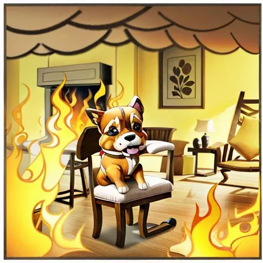 dog sitting on a chair in a house on fire, hyper realistic photo, 4k