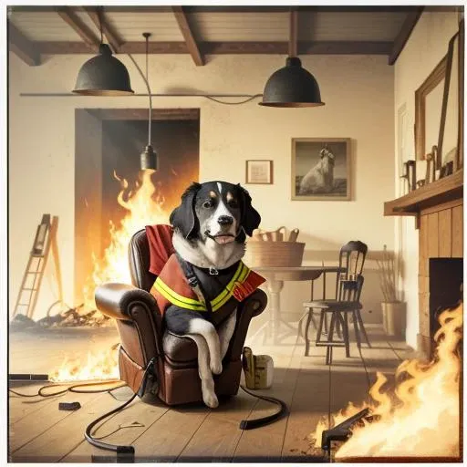 dog sitting on a chair in a house on fire, hyper realistic photo