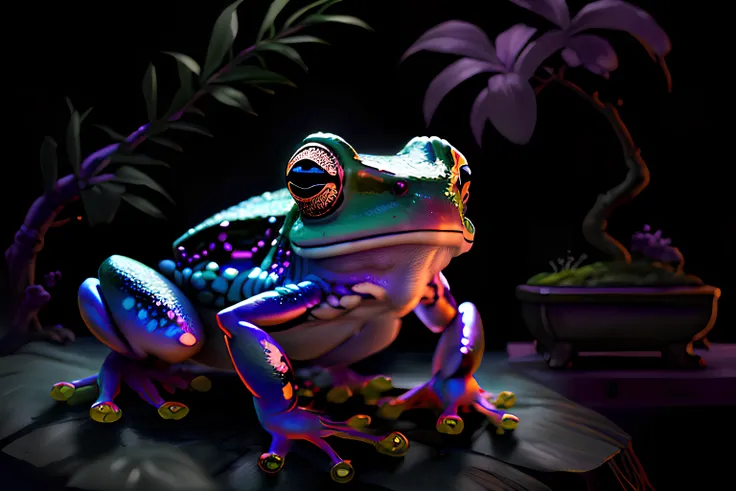 photorealistic, frog with purple skin, black background, bonsai in background, glowing body, close up, full body, 8k, masterpiece, best quality, neon colors, cinematic light,  <lora:Addams:1.5>