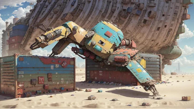 containers, macro, micro view, closeup, ruined city in desert sands, epic clouds, sunny day, robot spider standing six leg, plastic armor, colorfully hull, (lots of colored trash:1.2), hyper realistic, artstation, sci-fi, concept art, oversaturated, detailed intricate insanely detailed, masterpiece, <lora:postapocalypseai_v10:0.5>, hyperrealistic, masterpiece,  <lora:clockworkspiderV2:0.5>