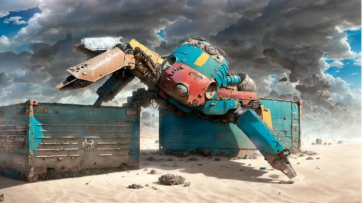 containers, macro, micro view, closeup, ruined city in desert sands, epic clouds, sunny day, robot spider standing six leg, plastic armor, colorfully hull, (lots of colored trash:1.2), hyper realistic, artstation, sci-fi, concept art, oversaturated, detailed intricate insanely detailed, masterpiece, <lora:postapocalypseai_v10:0.5>, hyperrealistic, masterpiece, <lora:clockworkspiderV2:0.5>