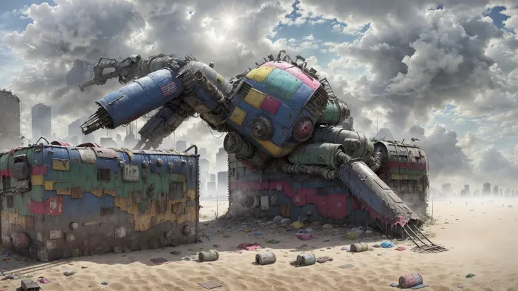 macro, micro view, closeup, ruined city, epic clouds, sunny day, robot spider standing six leg, plastic armor, colorfully hull, (lots of colored trash:1.2), hyper realistic, artstation, sci-fi, concept art, oversaturated, detailed intricate insanely detailed, masterpiece, <lora:postapocalypseai_v10:0.5>, hyperrealistic, masterpiece