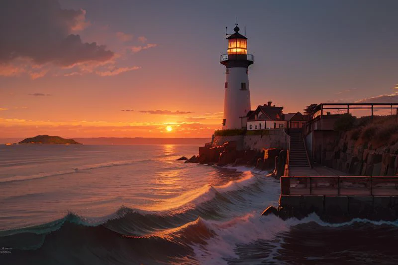 (masterpiece:1.2),best quality,masterpiece,highres,original,perfect light,4k,8k,
dramatic lighting,8k,Fujifilm XT3,masterpiece,best quality,realistic,ultra detailed,,
(<lora:Ghibli-v2:0.6>),
(sunset:1.2),(twilight),dusk,
ocean,(shore),
(white clouds),(orange_sky),horizon,
breeze,lighthouse,(scenery:1.2),waves,