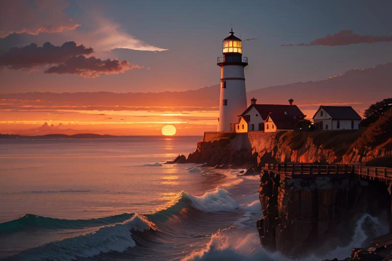 (masterpiece:1.2),best quality,masterpiece,highres,original,perfect light,4k,8k,
dramatic lighting,8k,Fujifilm XT3,masterpiece,best quality,realistic,ultra detailed,,
(<lora:Ghibli-v2:0.6>),
(sunset:1.2),(twilight),dusk,
ocean,(shore),
(white clouds),(orange_sky),horizon,
breeze,lighthouse,(scenery:1.2),waves,