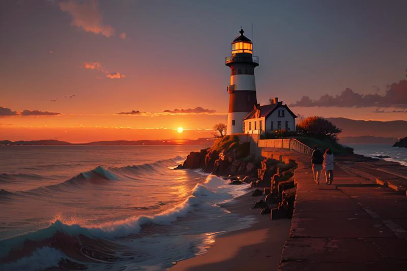 (masterpiece:1.2),best quality,masterpiece,highres,original,perfect light,4k,8k,
dramatic lighting,8k,Fujifilm XT3,masterpiece,best quality,realistic,ultra detailed,,
(<lora:Ghibli-v2:0.6>),
(sunset:1.2),(twilight),dusk,
ocean,(shore),
(white clouds),(orange_sky),horizon,
breeze,lighthouse,(scenery:1.2),waves,