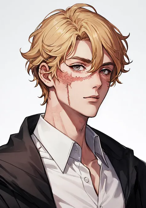 better_scar, 1boy, male focus, short hair, blonde hair, shirt, white shirt, collared shirt, looking at viewer, solo, upper body, portrait, simple background, <lora:better_scar-10:1>