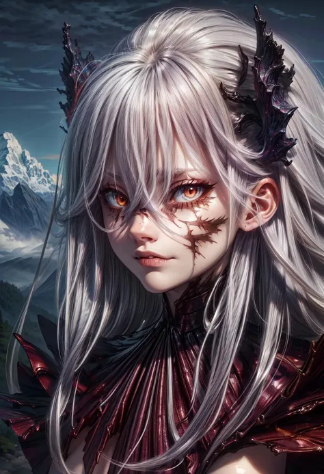 (Highres), (Masterpiece, best quality), Ultra-Detailed, 8k, nsfw, better_scar, 1girl, cracked skin, veins, female focus, burn scar, scar on nose, long hair, white hair,hair between eyes, closed mouth, solo, looking at viewer, portrait, mountain, <lora:better_scar-10:1> <lora:add_detail:1> <lora:hairdetailer:0.8>
