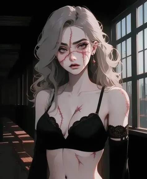 (better_scar: 1.21), (veins: 1.21), (burn scar: 1.21), (scar on nose: 1.21), (scar on arm: 1.21), (scar on stomach: 1.21), sexy, 1girl, collarbone, pale skin, lipstick, lips, medium breasts, eyeliner, bra, solo, (gothic architecture: 1.1), indoors, castle background, upper body, <lora:better_scar-10:1>, (bloom:1.3), (surprised facial expression, tapered square face:1.3), quiff hair, silver hair, big dreamy eyes, brown eyes, turned-up nose, bushy eyebrows, receding chin, beautiful lips, (masterpiece, best quality, detailed:1.3), sexy, (HDR:1.3)