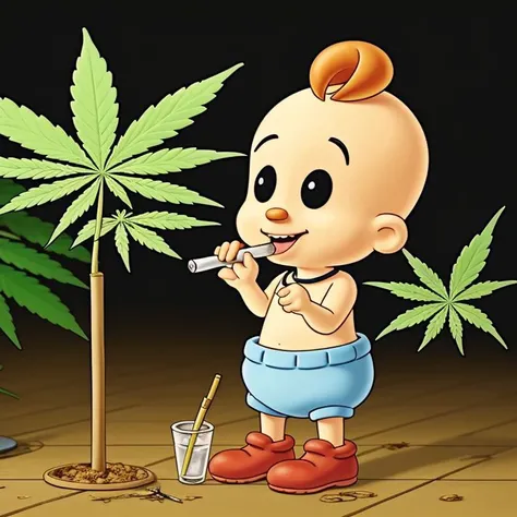 A cute album-cover photo of BambaBaby smoking a joint next to a cannabis plant <lora:BambaBaby:1.0>