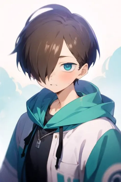 masterpiece, best quality, high quality, 1boy, solo, male focus, looking at viewer, upper body, <lora:kyoutarou_ichikawa:0.78>, kyoutarou_ichikawa, blue eyes, hair over one eye, brown hair, , hoodie