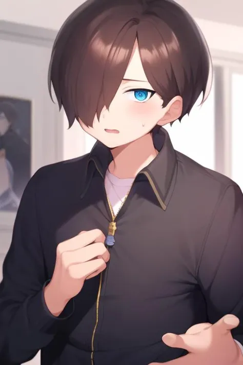 masterpiece, best quality, high quality, 1boy, solo, male focus, looking at viewer, upper body, <lora:kyoutarou_ichikawa:0.74>, kyoutarou_ichikawa, blue eyes, hair over one eye, brown hair,
