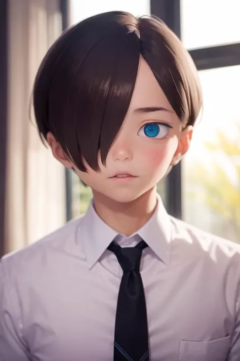 masterpiece, best quality, high quality, 1boy, solo, male focus, looking at viewer, upper body, <lora:kyoutarou_ichikawa:0.72>, kyoutarou_ichikawa, blue eyes, hair over one eye, brown hair, , formal, necktie, dress shirt
