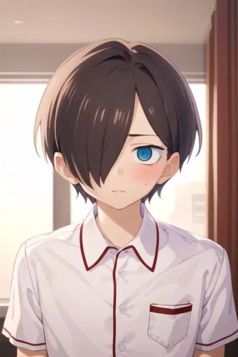 masterpiece, best quality, high quality, 1boy, solo, male focus, looking at viewer, upper body, <lora:kyoutarou_ichikawa:0.72>, kyoutarou_ichikawa, blue eyes, hair over one eye, brown hair, realistic, pajamas
