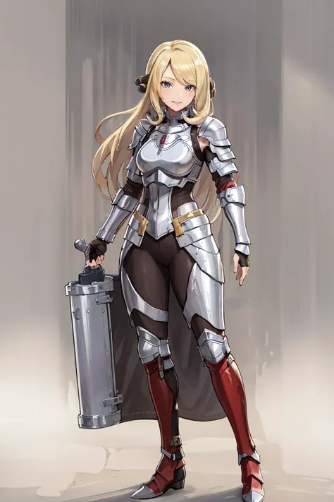 ((masterpiece,best quality)), absurdres, <lora:Cynthia_Pokemon:0.8>, Cynthia_Pokemon, solo, 1girl, blonde, long hair, solo, smiling, looking at viewer, cowboy shot shiny metal, full body armor, breastplate, fingerless gloves, shoulder armor, gauntlets